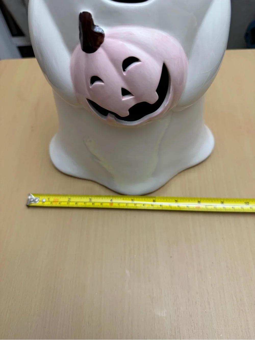 Lighted Ceramic White Ghost with Pink Pumpkin Halloween Accent